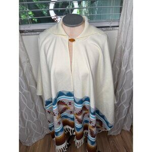 Vtg Ecuadorian Wool Cape Poncho wrap  Southwest Aztec Fringe Hem festival Os htf